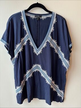 J. Crew Navy Top with White Embroidered V-Neckline